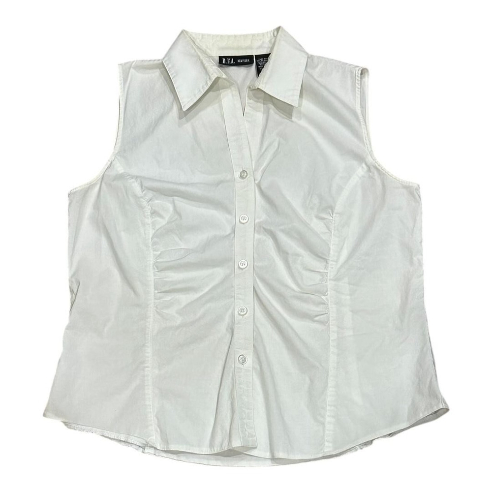 DFA New York Sleeveless Shirt Womens Medium White Button Front Ruched Top Blouse